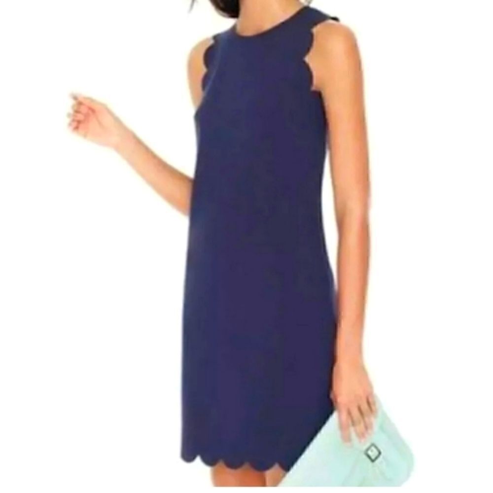 J CREW Scalloped Navy Sheath Sleeveless Dress Sz 0 - Picture 2 of 11